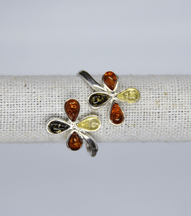 Bague fleurs Argent & Ambre baltique réglable