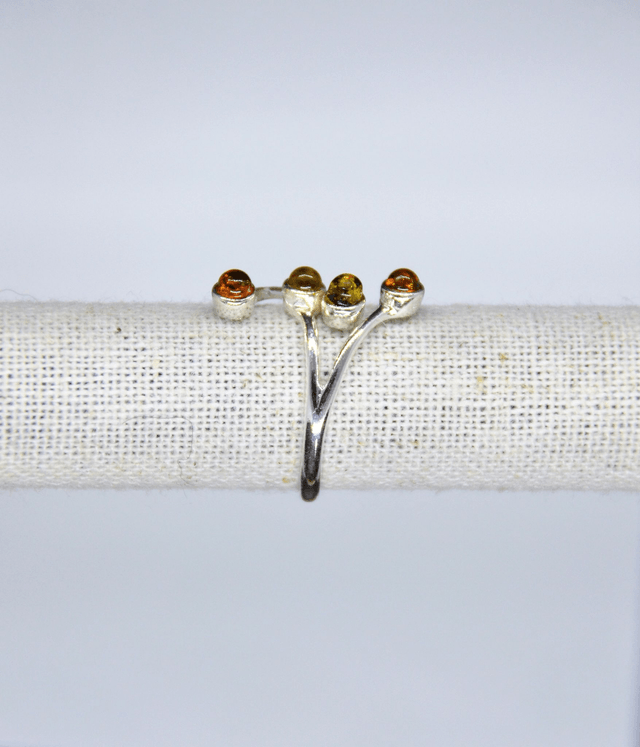 Bague 4 pierres Argent & Ambre baltique réglable