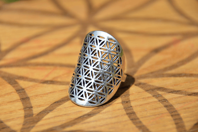Bague fleur de vie en laiton couleur argent 