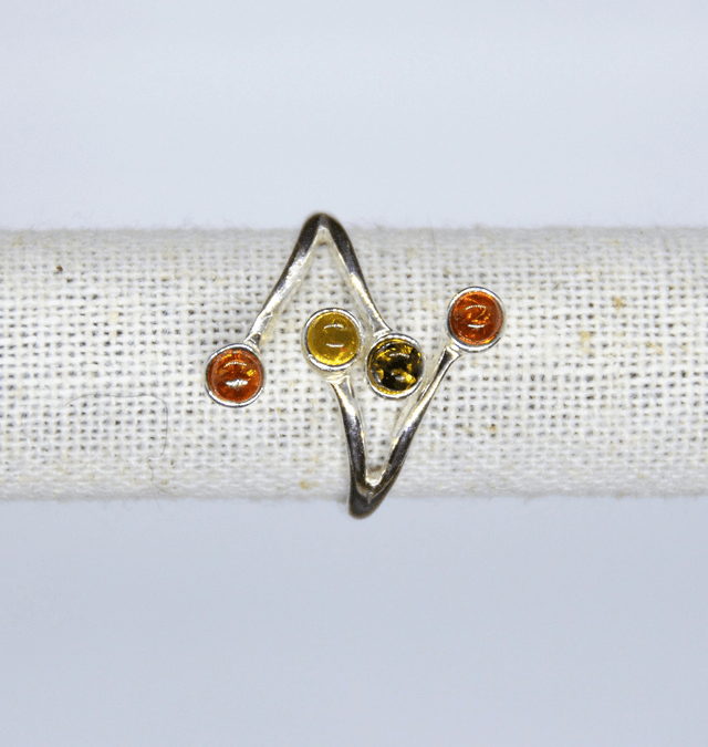 Bague 4 pierres Argent & Ambre baltique réglable